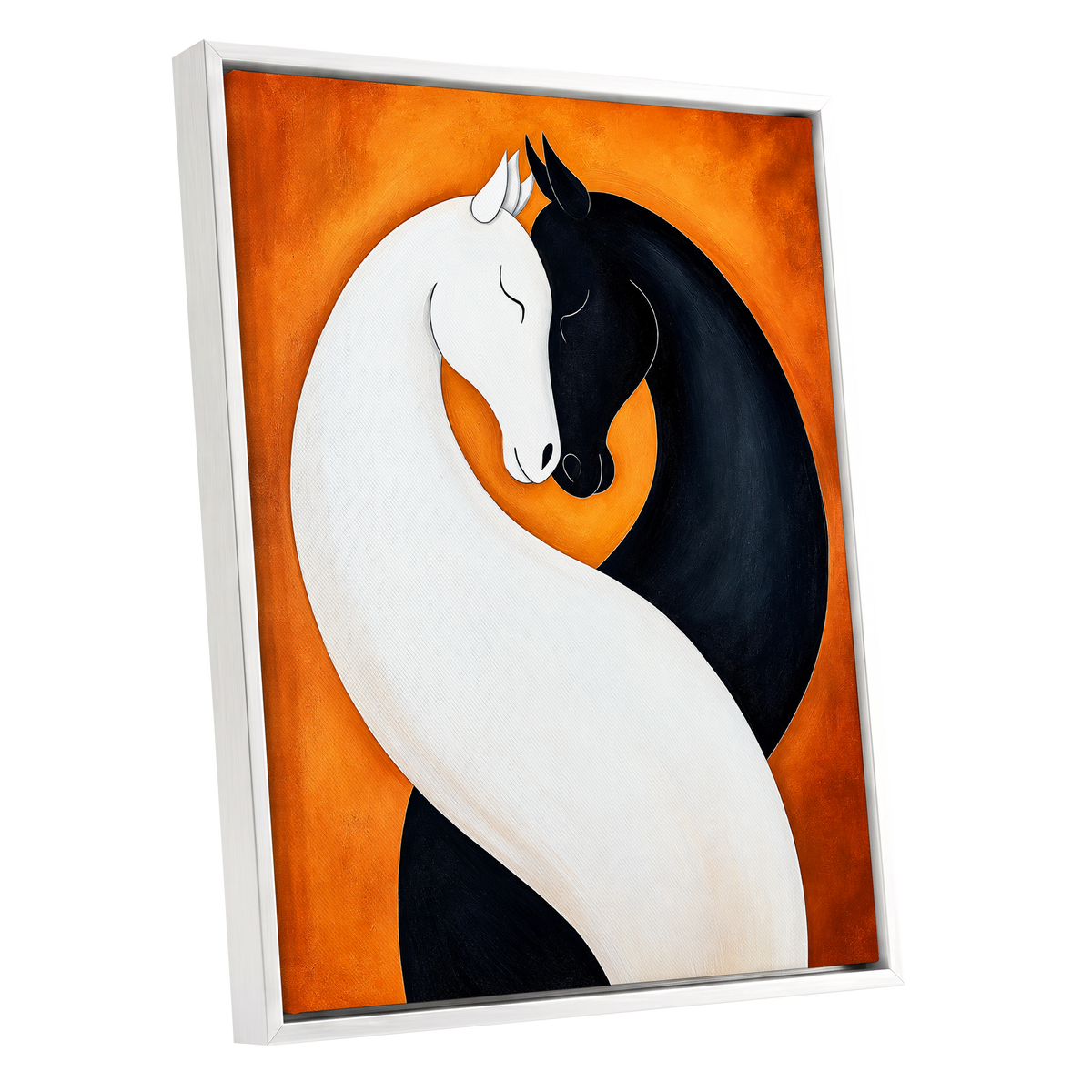Equine Embrace, black, white, orange nature wall art shown as a white framed canvas wall art