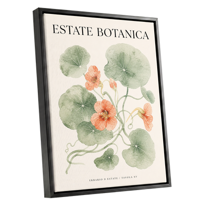Estate Bloom Study, green, beige, orange floral wall art shown as a black framed canvas wall art