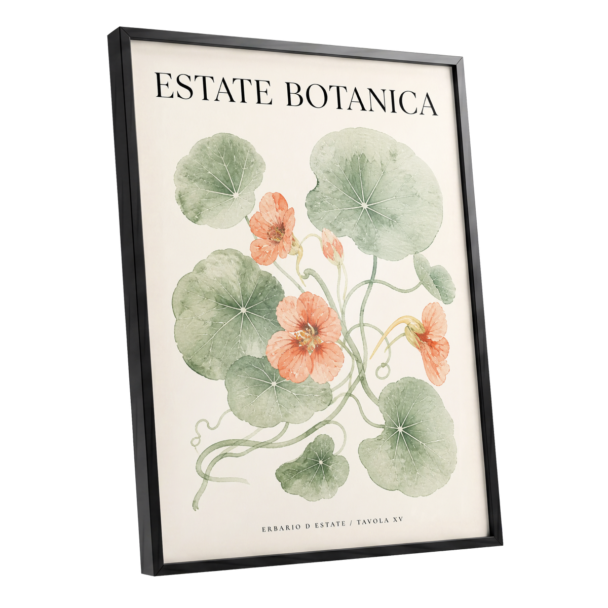 Estate Bloom Study, green, beige, orange floral wall art shown as a black framed poster wall art print