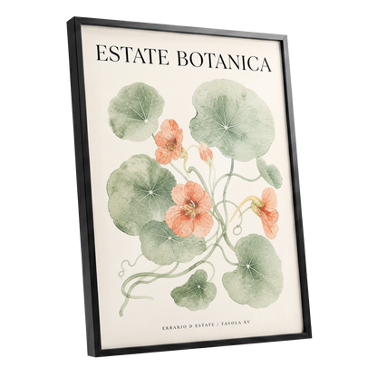 Estate Bloom Study, green, beige, orange floral wall art shown as a black framed poster wall art print