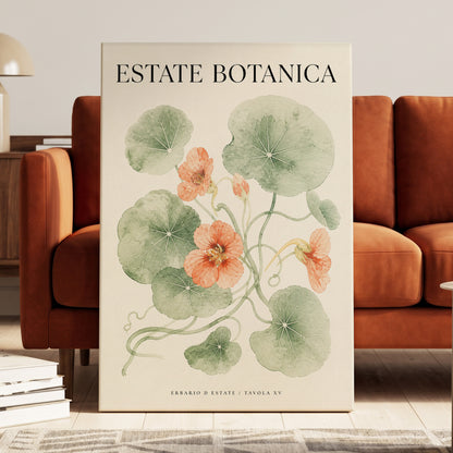 Estate Bloom Study, green, beige, orange floral wall art on canvas displayed in a styled interior, gallery view 1