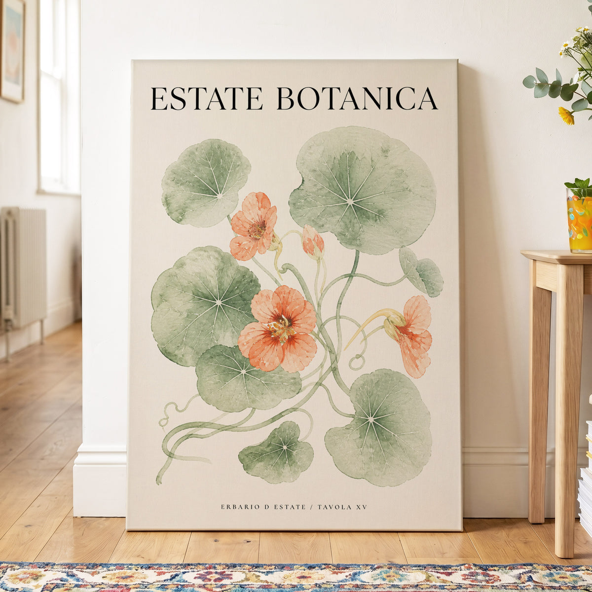 Estate Bloom Study, green, beige, orange floral wall art on canvas displayed in a styled interior, gallery view 2