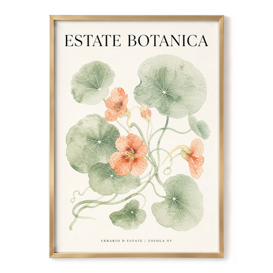 Estate Bloom Study, green, beige, orange floral wall art, front artwork view