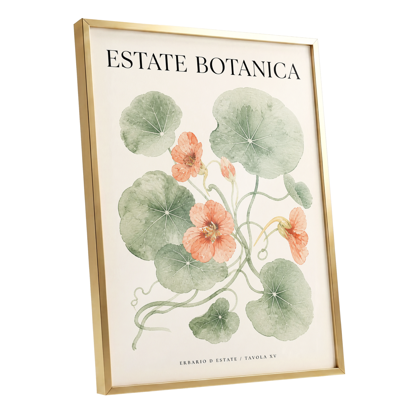 Estate Bloom Study, green, beige, orange floral wall art shown as a gold framed poster wall art print