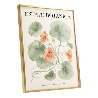 Estate Bloom Study, green, beige, orange floral wall art shown as a gold framed poster wall art print