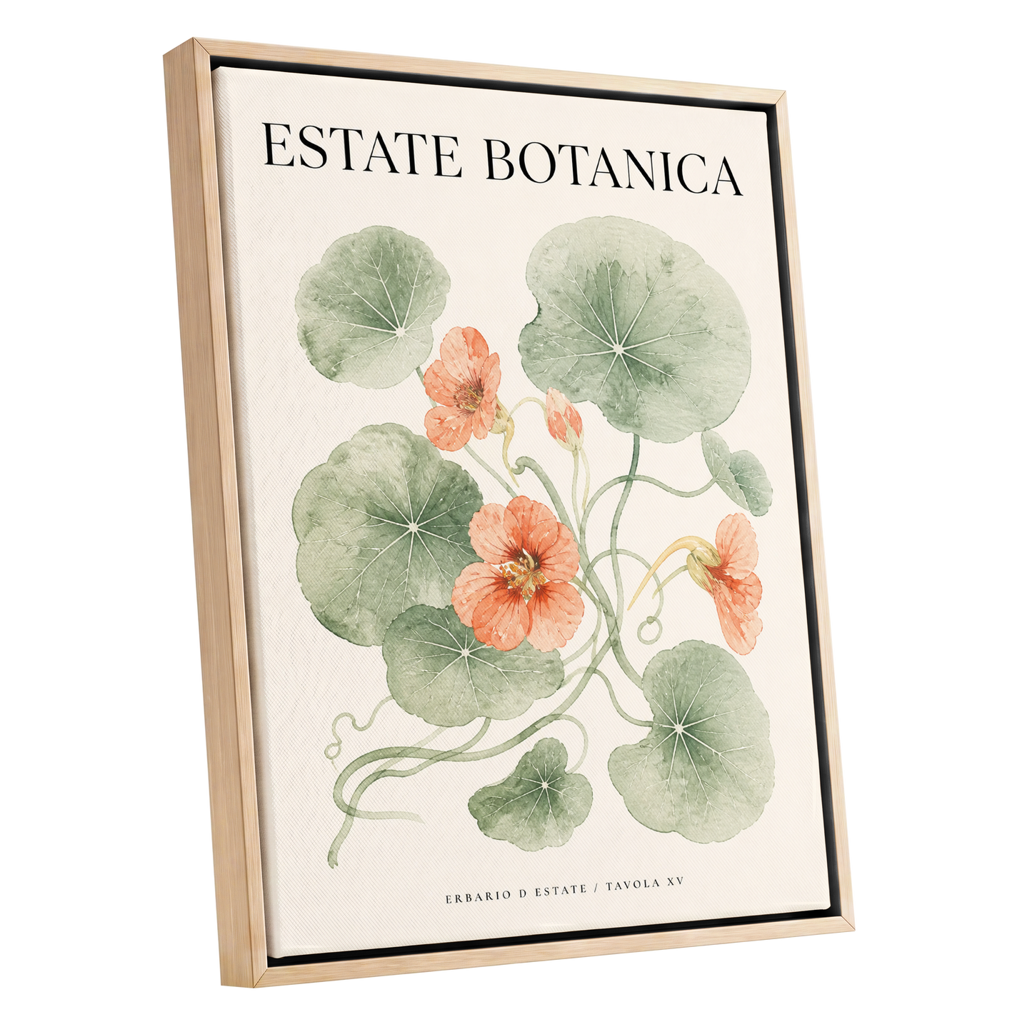 Estate Bloom Study, green, beige, orange floral wall art shown as a oak framed canvas wall art