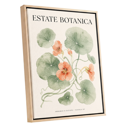 Estate Bloom Study, green, beige, orange floral wall art shown as a oak framed canvas wall art