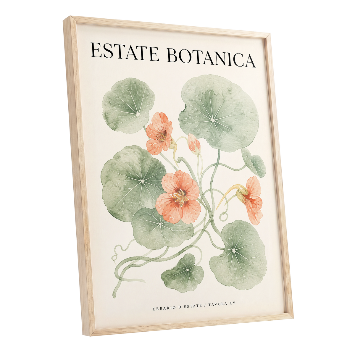 Estate Bloom Study, green, beige, orange floral wall art shown as a oak framed poster wall art print