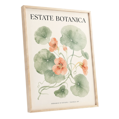 Estate Bloom Study, green, beige, orange floral wall art shown as a oak framed poster wall art print