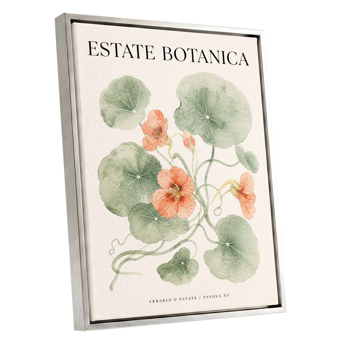 Estate Bloom Study, green, beige, orange floral wall art shown as a silver framed canvas wall art