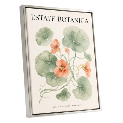 Estate Bloom Study, green, beige, orange floral wall art shown as a silver framed canvas wall art