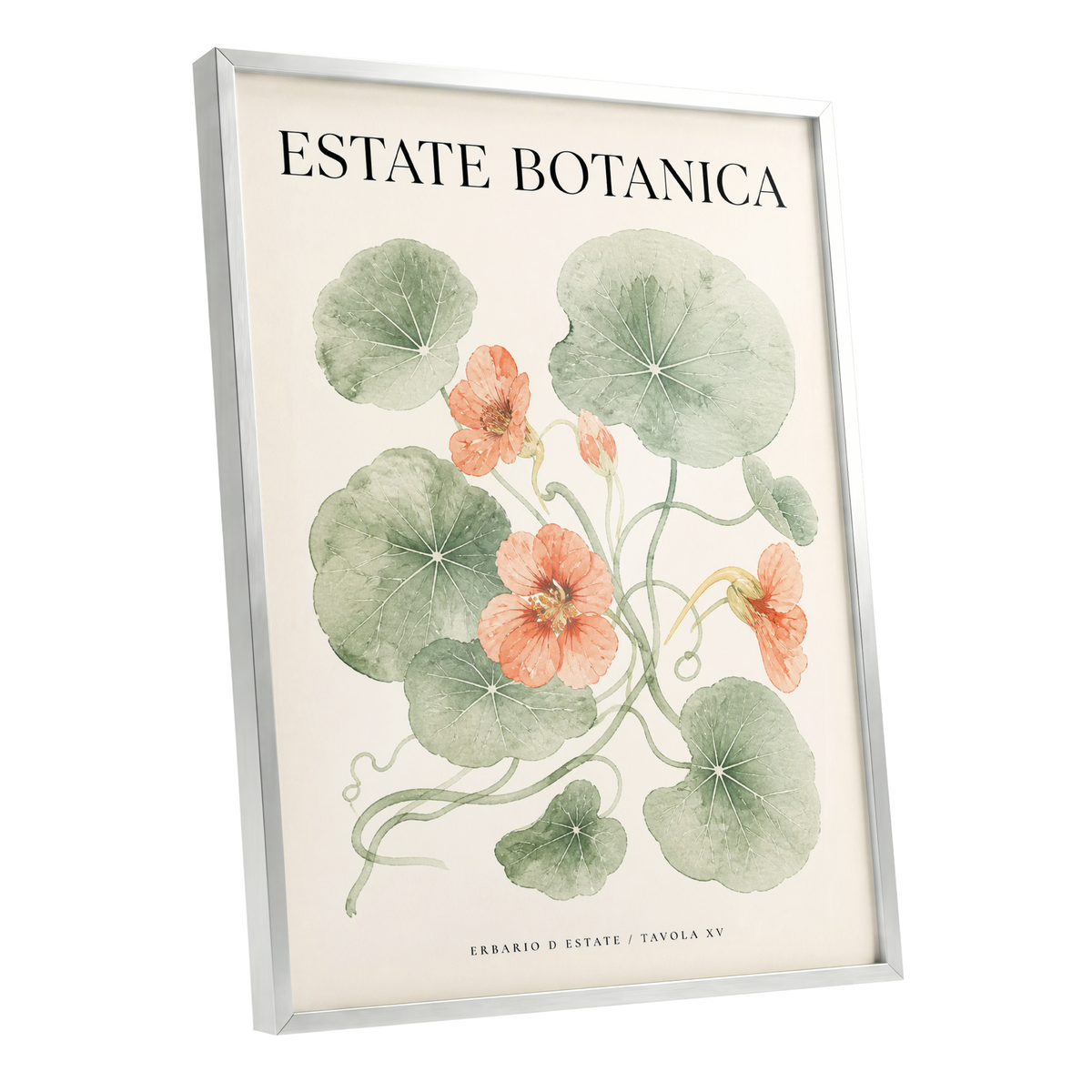 Estate Bloom Study, green, beige, orange floral wall art shown as a silver framed poster wall art print