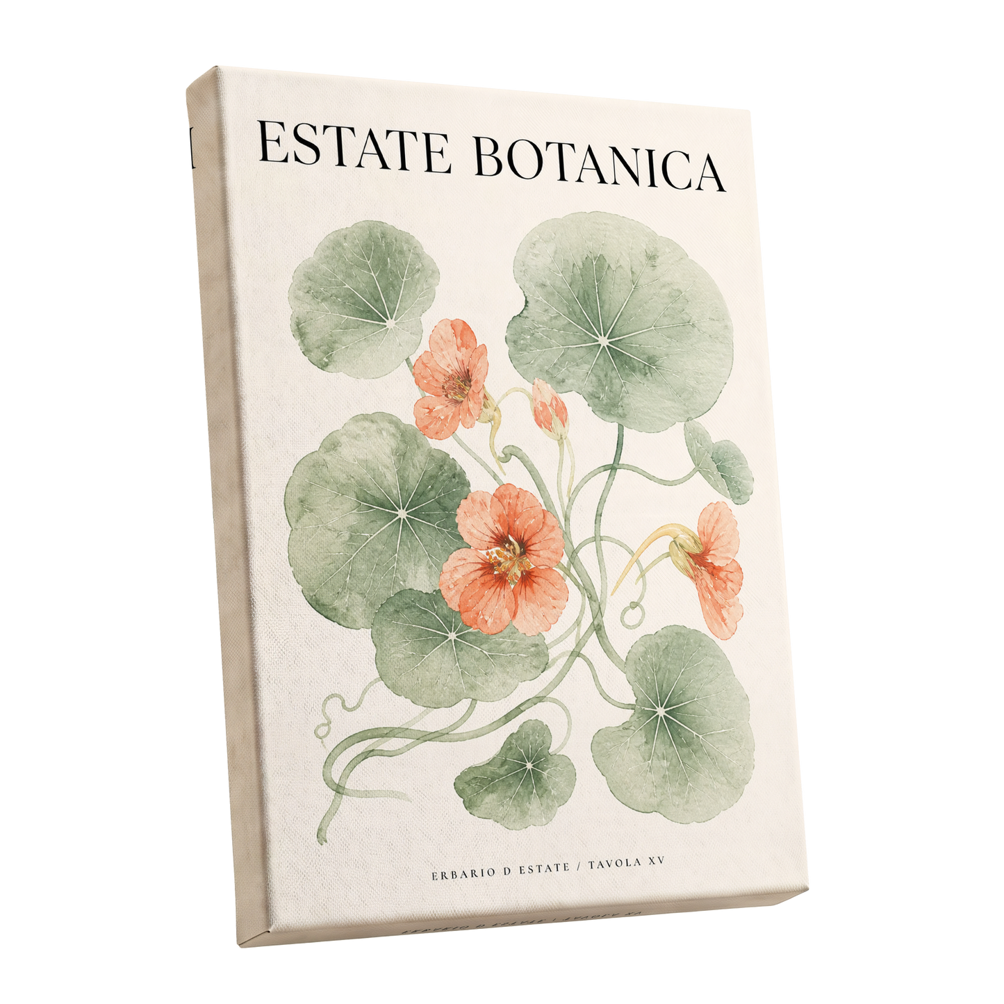 Estate Bloom Study, green, beige, orange floral wall art shown as a stretched canvas wall art