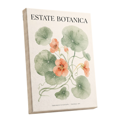 Estate Bloom Study, green, beige, orange floral wall art shown as a stretched canvas wall art