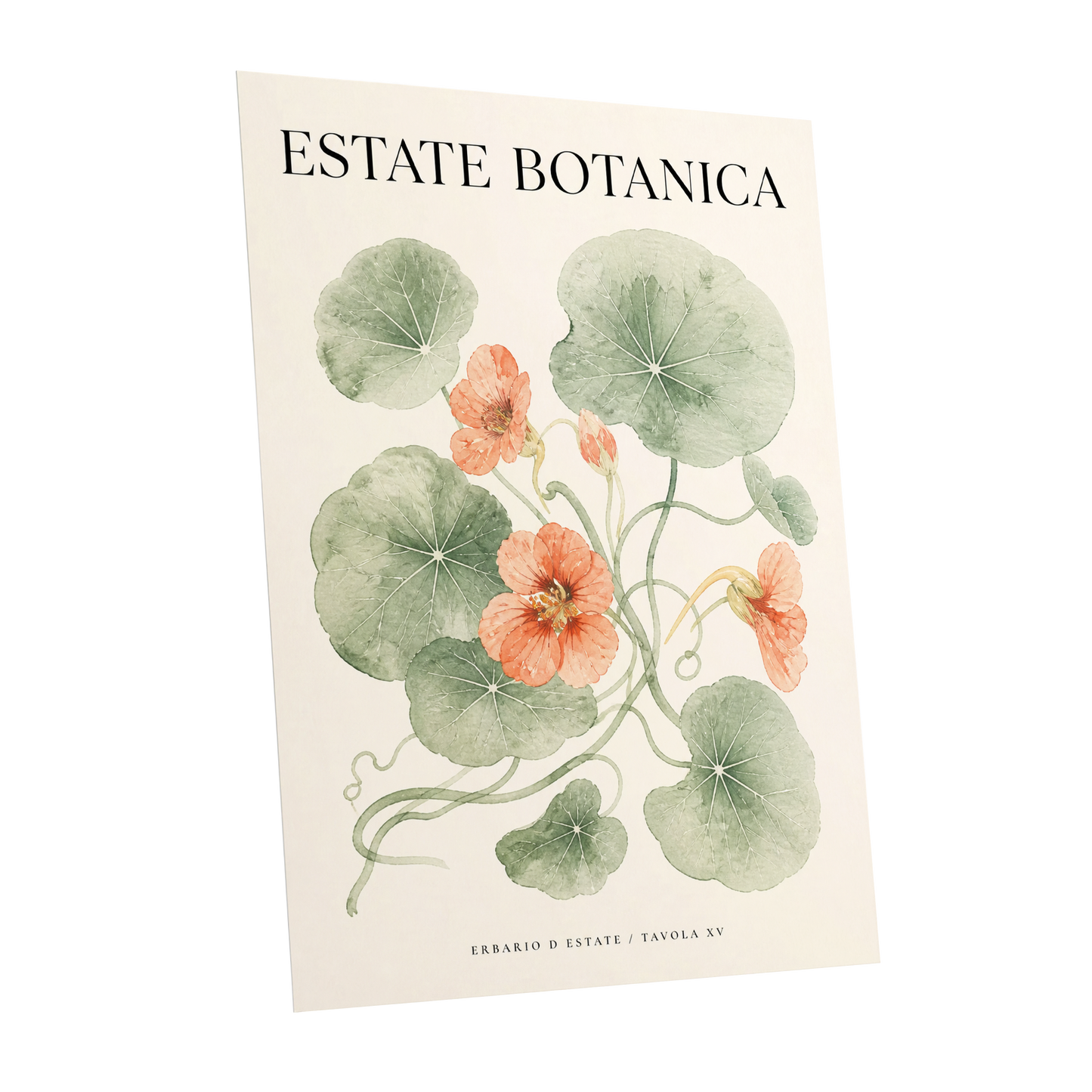 Estate Bloom Study, green, beige, orange floral wall art shown as a unframed poster wall art print
