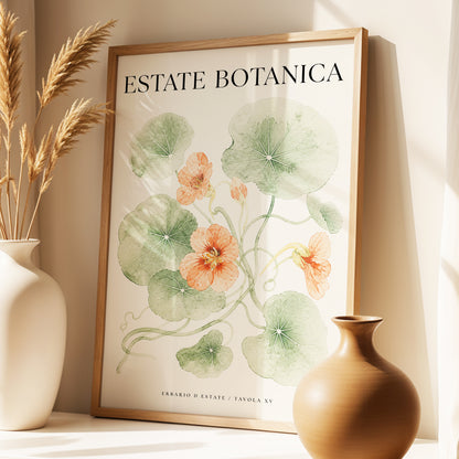 Estate Bloom Study, green, beige, orange floral wall art displayed in a styled interior, gallery view 1