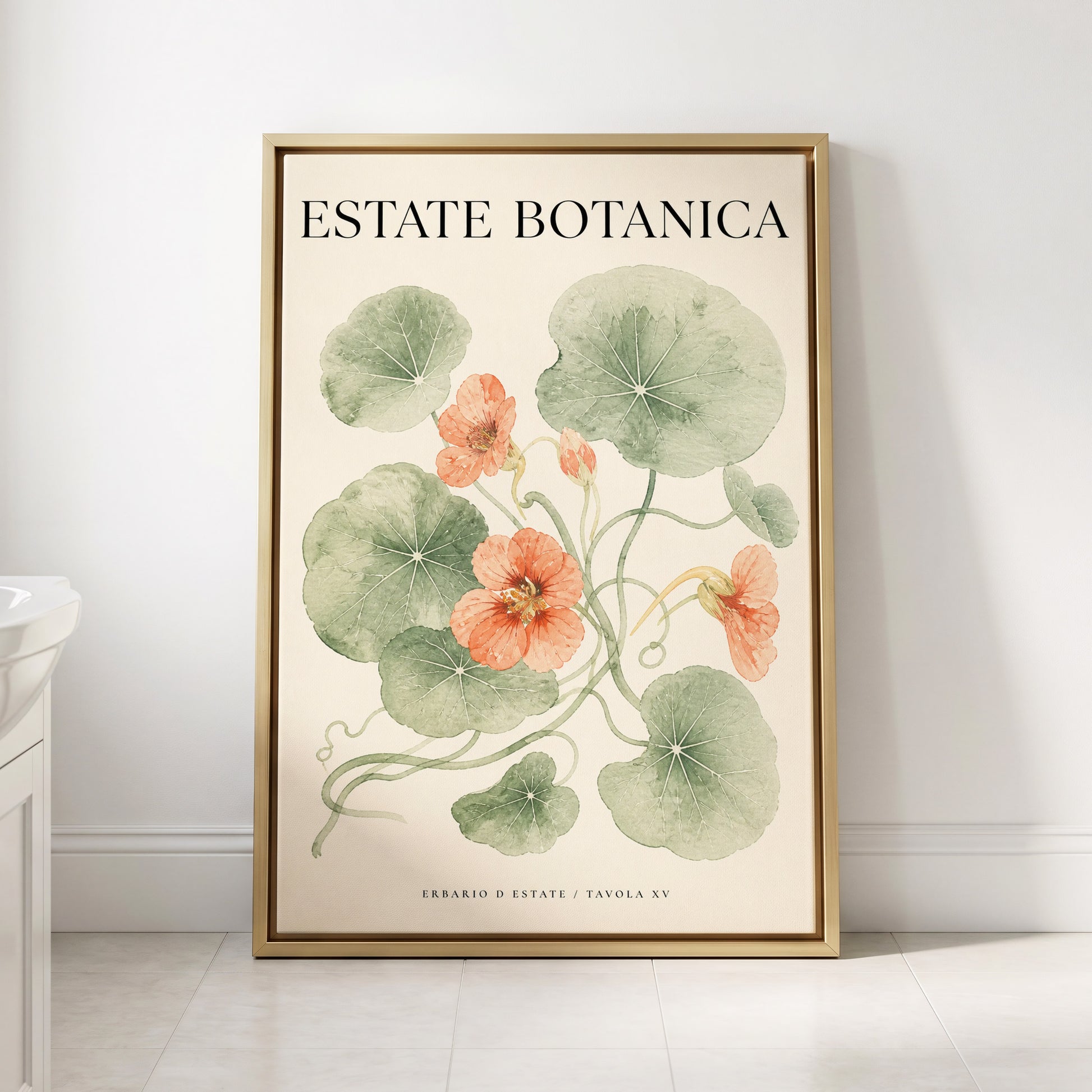 Estate Bloom Study, green, beige, orange floral wall art displayed in a styled interior, gallery view 2