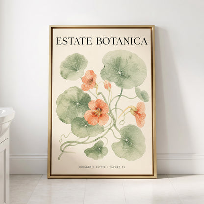 Estate Bloom Study, green, beige, orange floral wall art displayed in a styled interior, gallery view 2