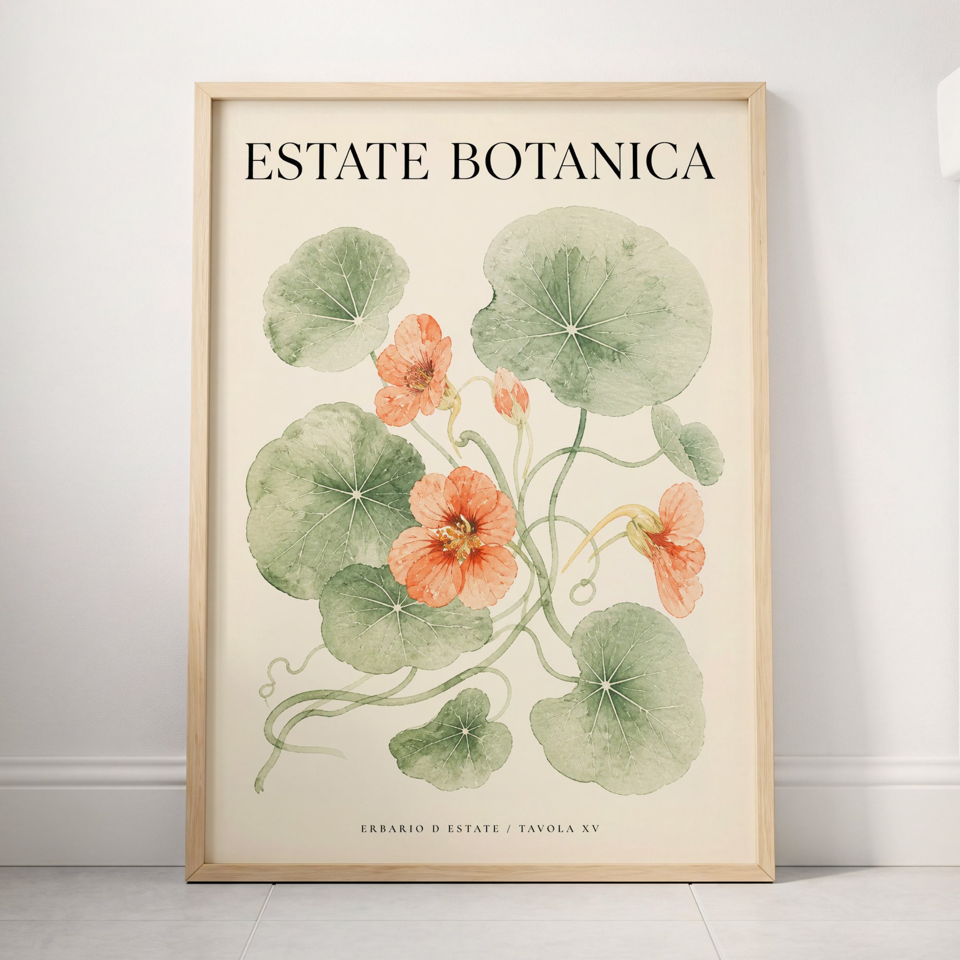 Estate Bloom Study, green, beige, orange floral wall art displayed in a styled interior, gallery view 3