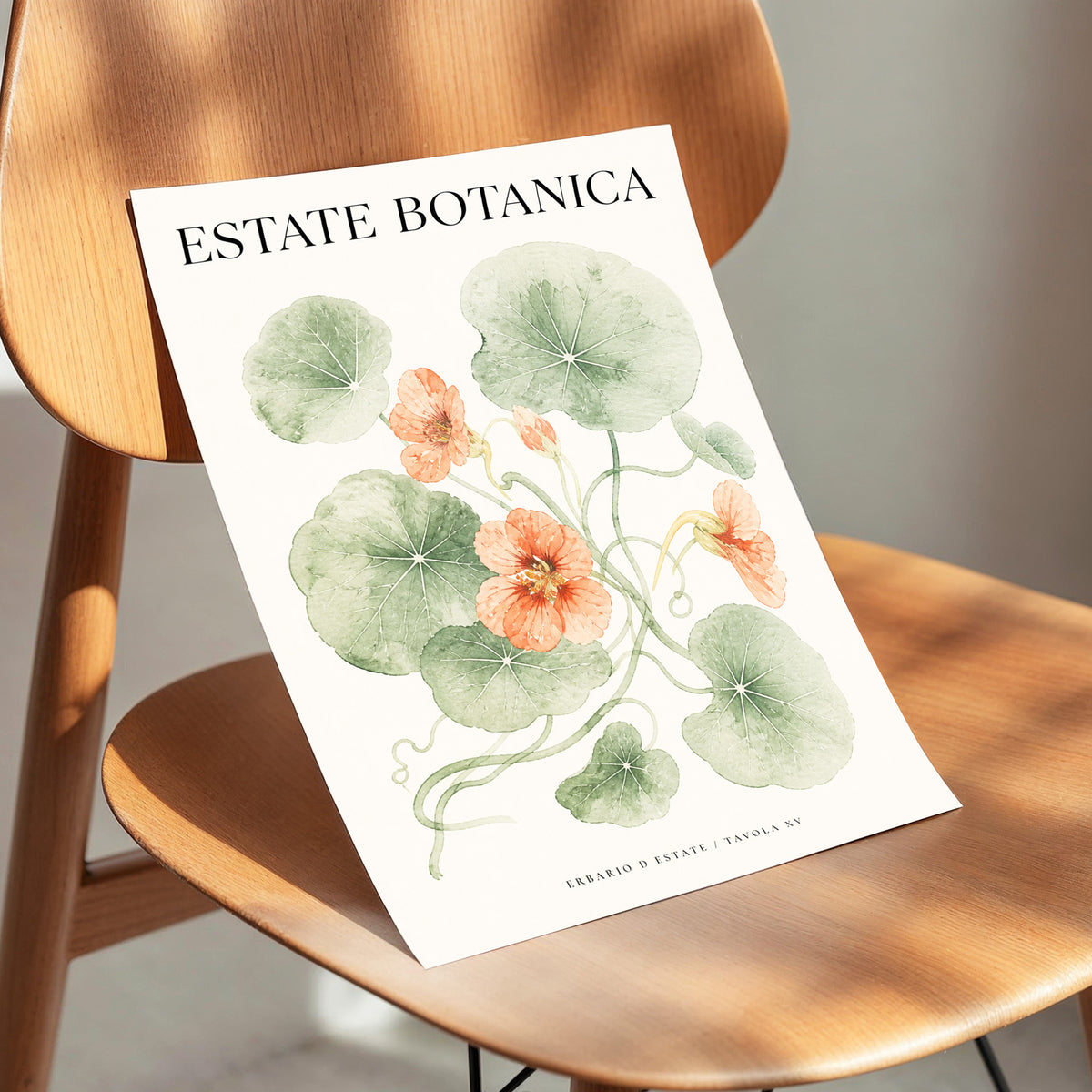 Estate Bloom Study, green, beige, orange floral wall art displayed in a styled interior, gallery view 4