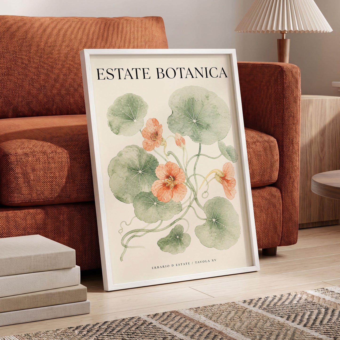 Estate Bloom Study, green, beige, orange floral wall art displayed in a styled interior, gallery view 5