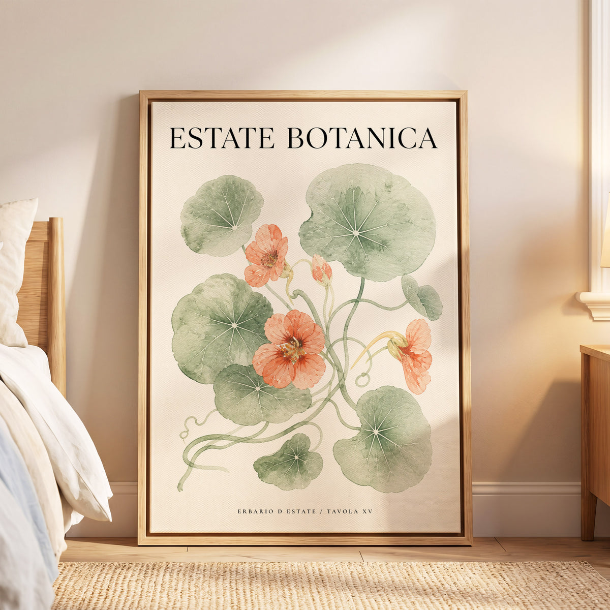 Estate Bloom Study, green, beige, orange floral wall art displayed in a styled interior, gallery view 6