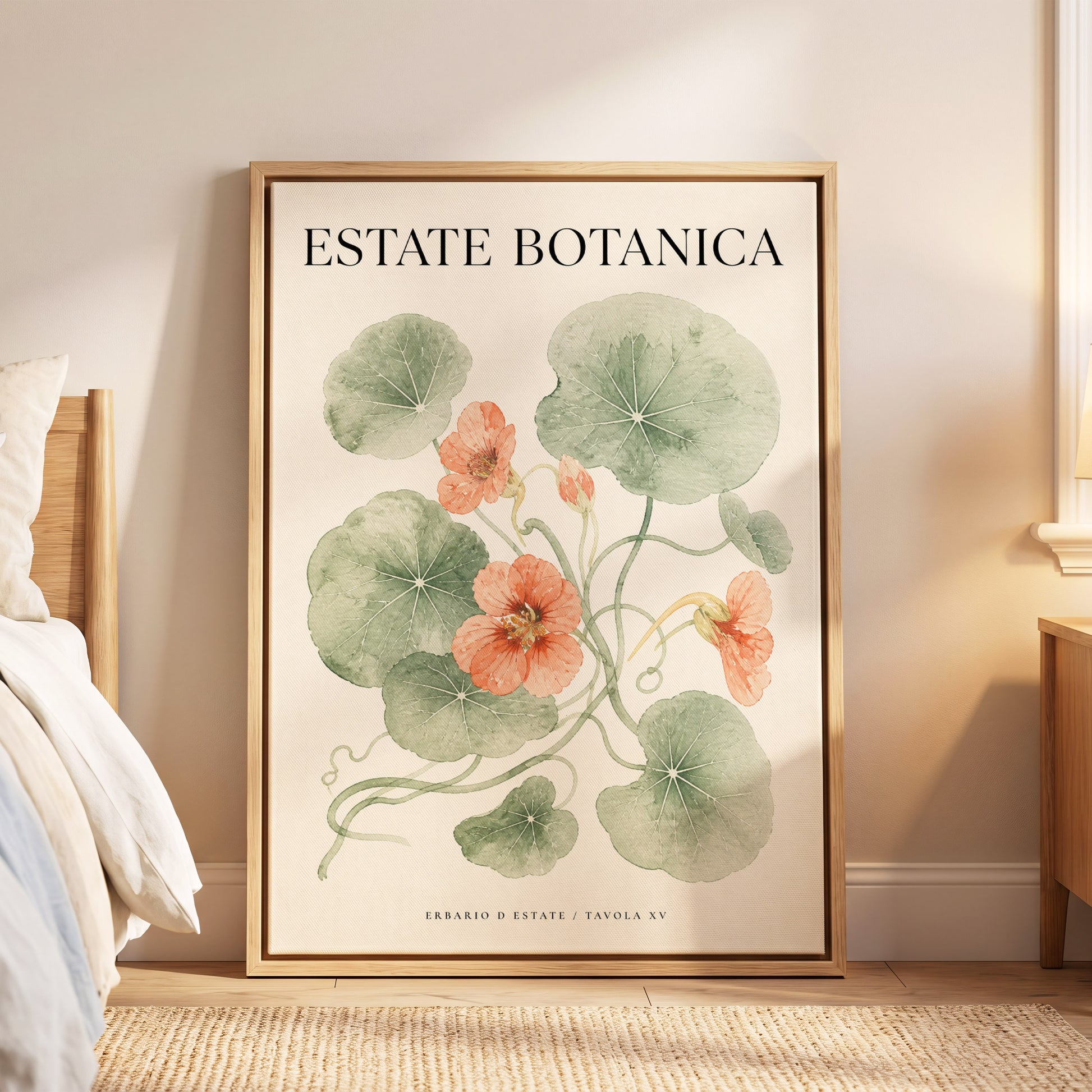 Estate Bloom Study, green, beige, orange floral wall art displayed in a styled interior, gallery view 6