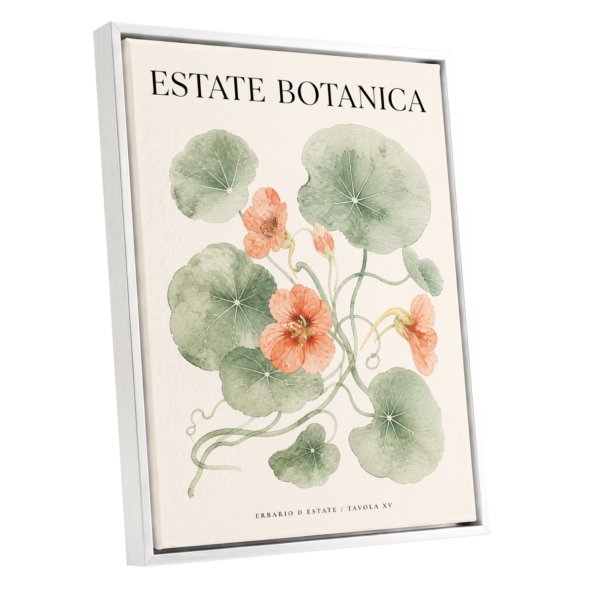 Estate Bloom Study, green, beige, orange floral wall art shown as a white framed canvas wall art