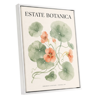 Estate Bloom Study, green, beige, orange floral wall art shown as a white framed canvas wall art