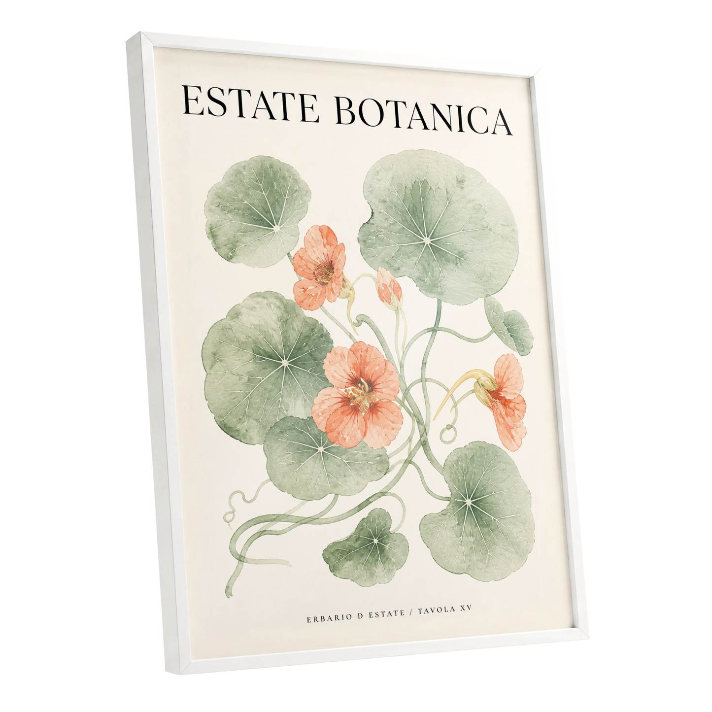 Estate Bloom Study, green, beige, orange floral wall art shown as a white framed poster wall art print