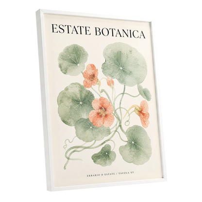 Estate Bloom Study, green, beige, orange floral wall art shown as a white framed poster wall art print
