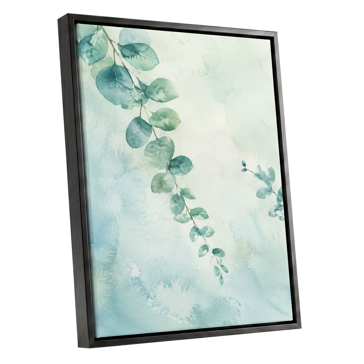 Eucalyptus Reverie, green, blue, white nature wall art shown as a black framed canvas wall art