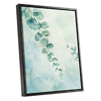 Eucalyptus Reverie, green, blue, white nature wall art shown as a black framed canvas wall art