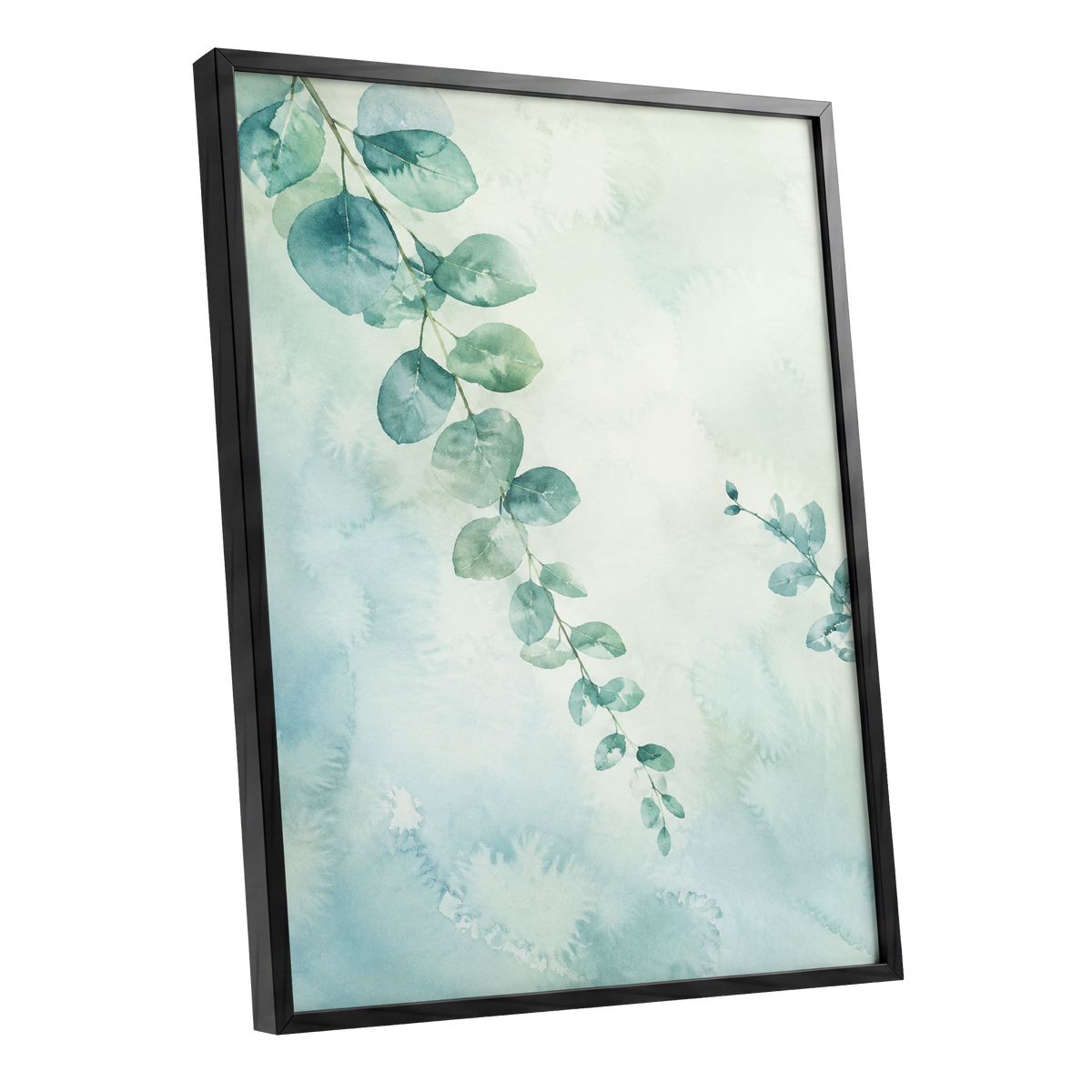 Eucalyptus Reverie, green, blue, white nature wall art shown as a black framed poster wall art print