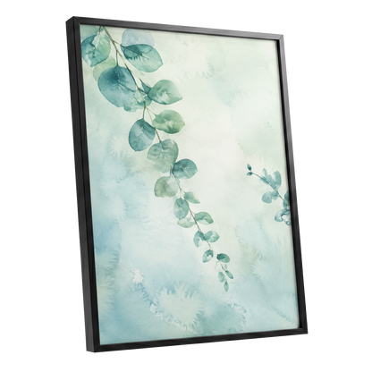 Eucalyptus Reverie, green, blue, white nature wall art shown as a black framed poster wall art print
