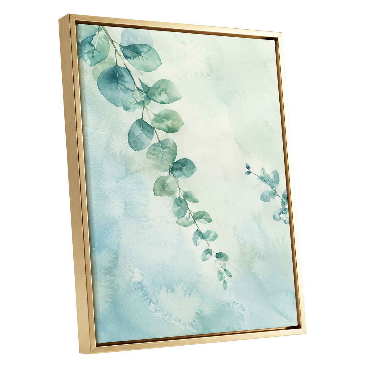 Eucalyptus Reverie, green, blue, white nature wall art shown as a gold framed canvas wall art