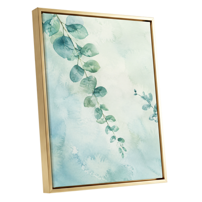 Eucalyptus Reverie, green, blue, white nature wall art shown as a gold framed canvas wall art
