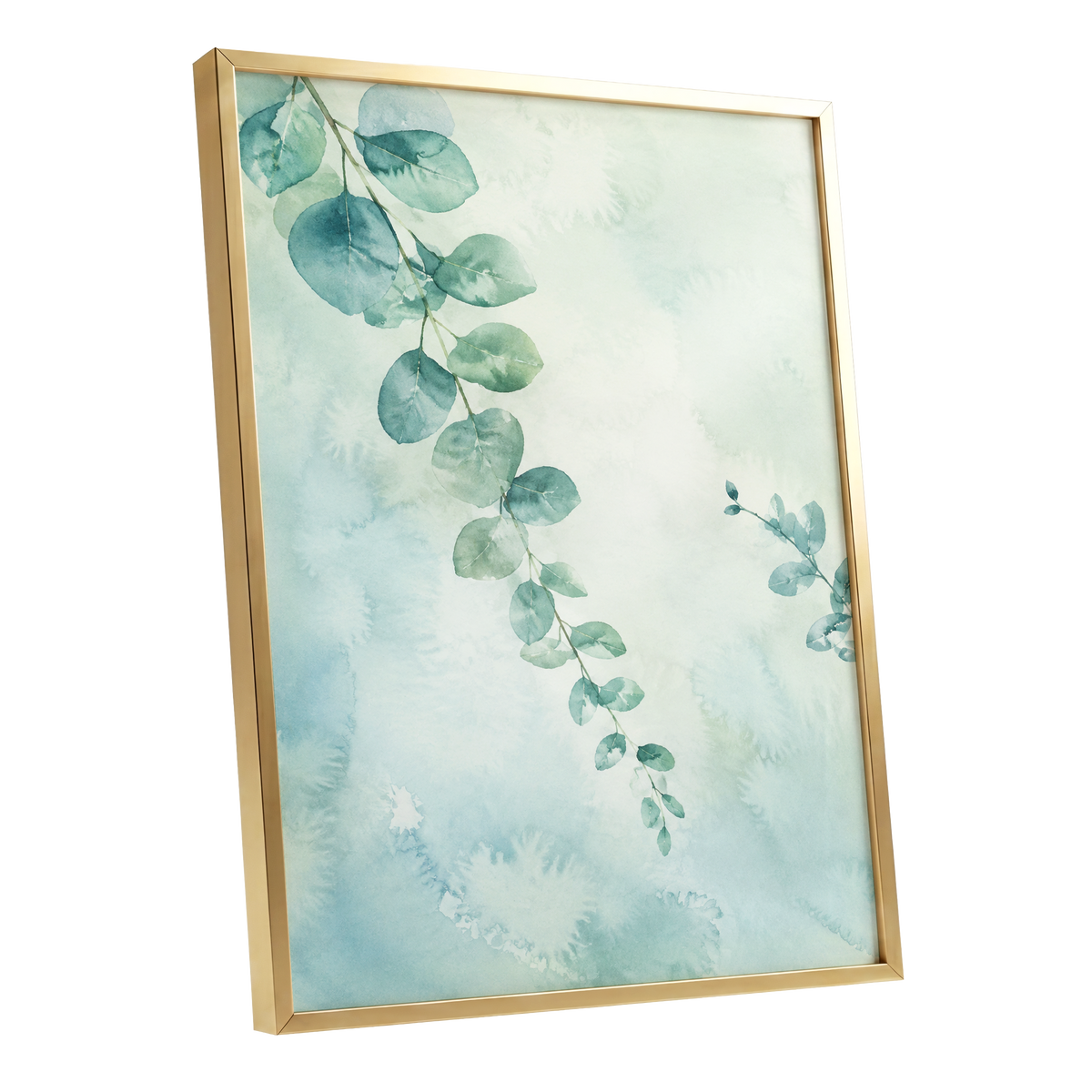 Eucalyptus Reverie, green, blue, white nature wall art shown as a gold framed poster wall art print