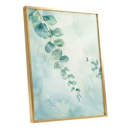 Eucalyptus Reverie, green, blue, white nature wall art shown as a gold framed poster wall art print