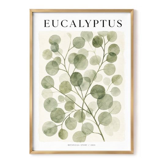 Eucalyptus Reverie, green, beige, white nature wall art, front artwork view