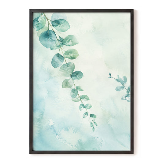 Eucalyptus Reverie, green, blue, white nature wall art, front artwork view