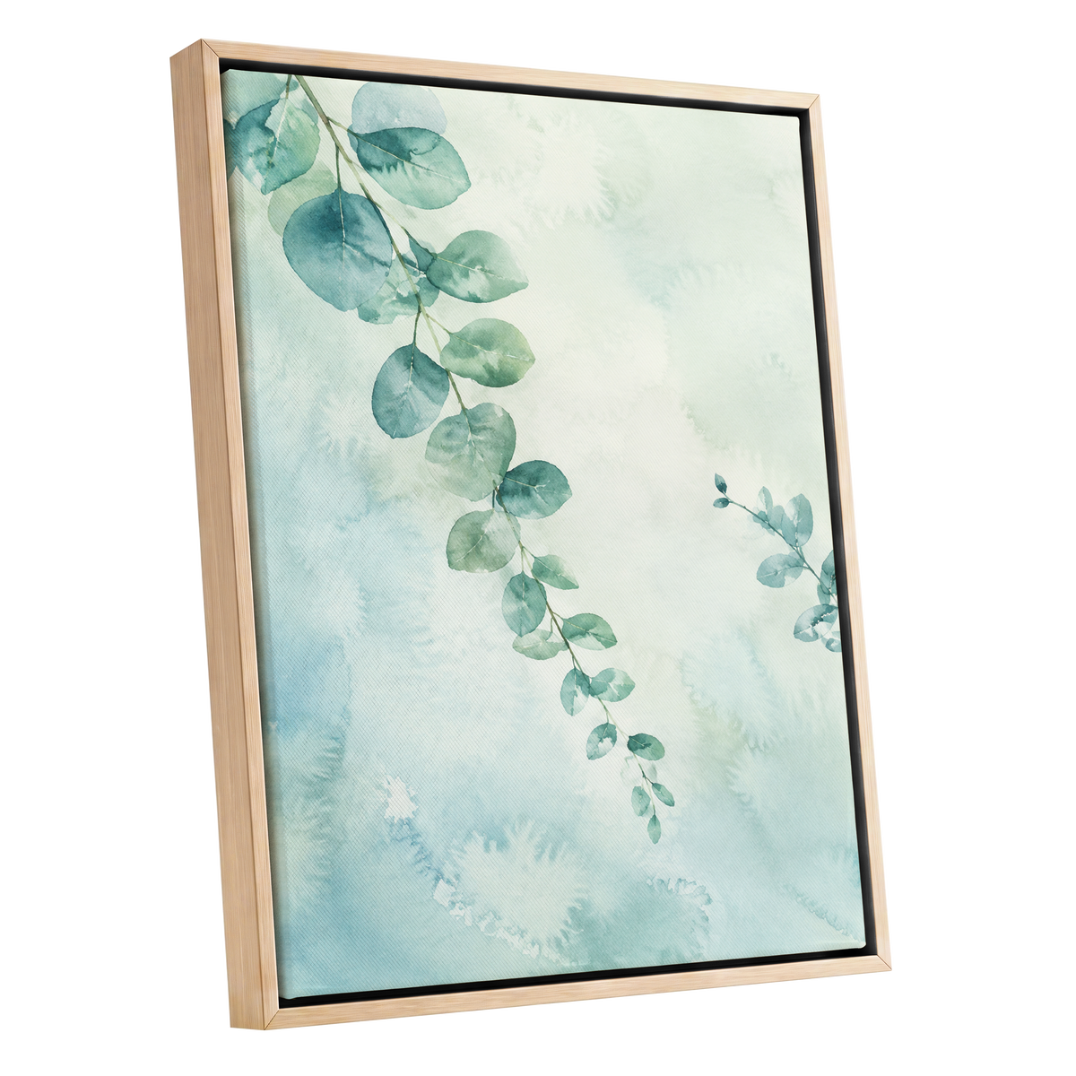 Eucalyptus Reverie, green, blue, white nature wall art shown as a oak framed canvas wall art