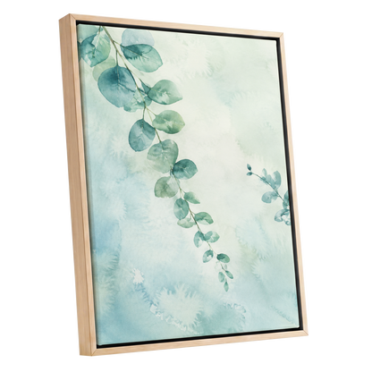 Eucalyptus Reverie, green, blue, white nature wall art shown as a oak framed canvas wall art