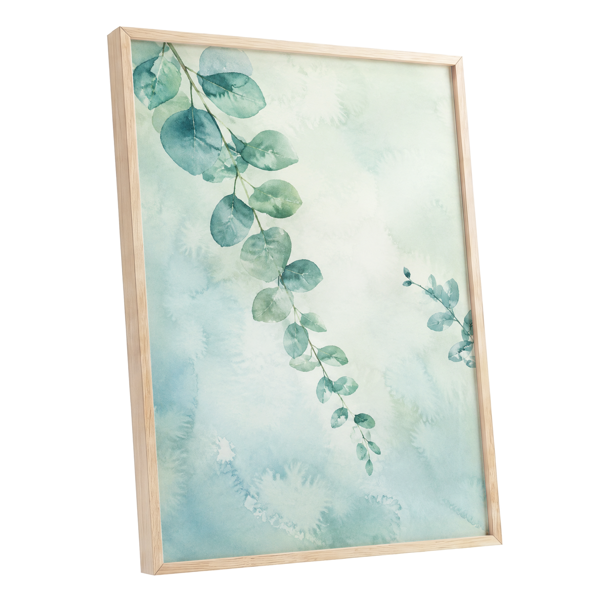 Eucalyptus Reverie, green, blue, white nature wall art shown as a oak framed poster wall art print