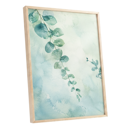 Eucalyptus Reverie, green, blue, white nature wall art shown as a oak framed poster wall art print