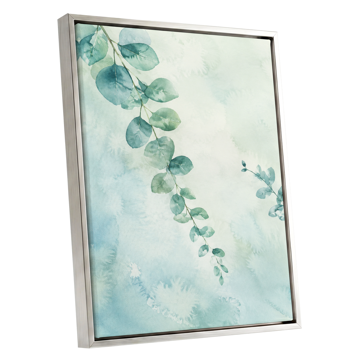 Eucalyptus Reverie, green, blue, white nature wall art shown as a silver framed canvas wall art