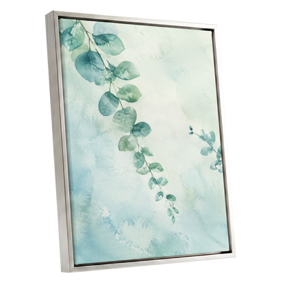 Eucalyptus Reverie, green, blue, white nature wall art shown as a silver framed canvas wall art