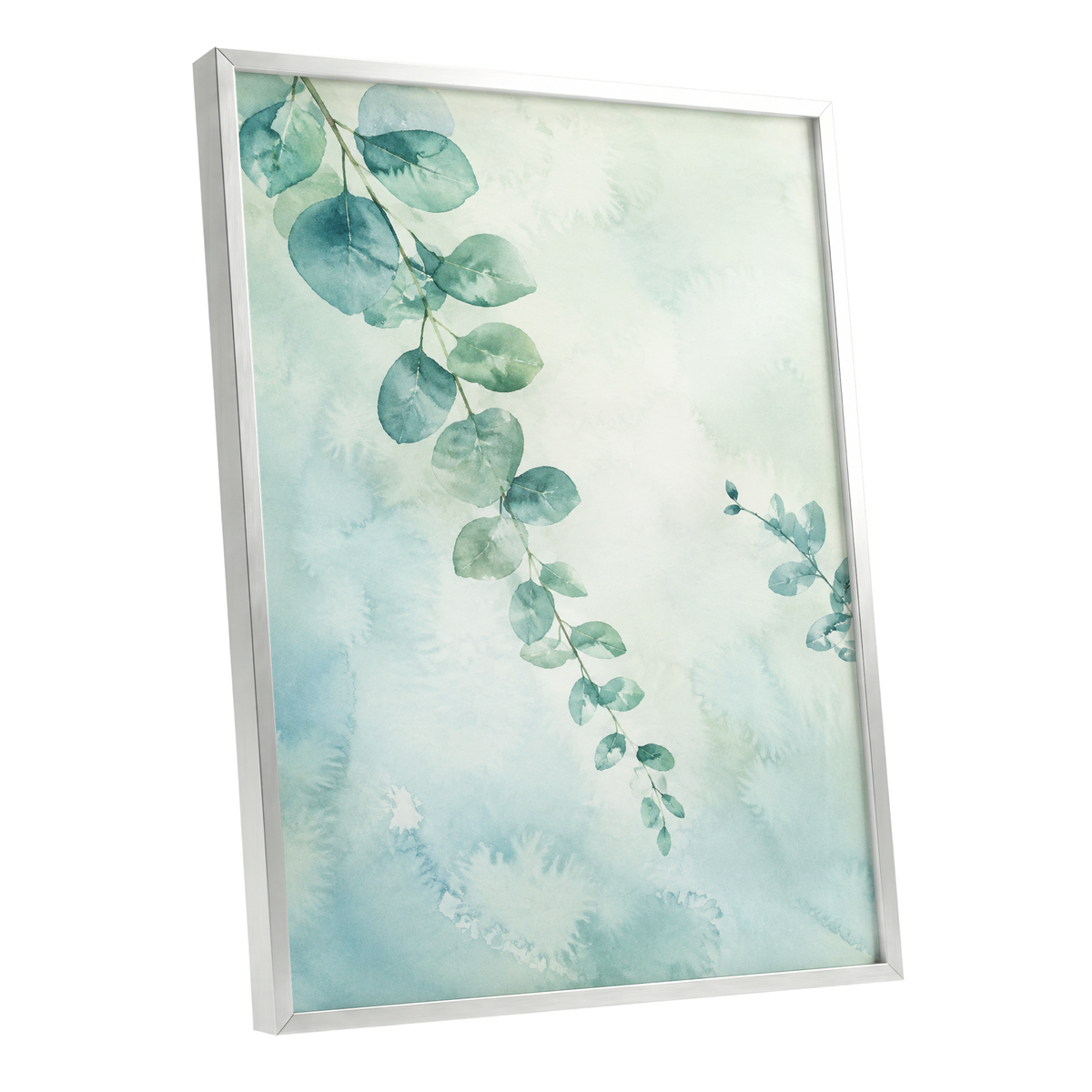 Eucalyptus Reverie, green, blue, white nature wall art shown as a silver framed poster wall art print