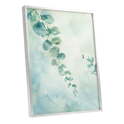 Eucalyptus Reverie, green, blue, white nature wall art shown as a silver framed poster wall art print
