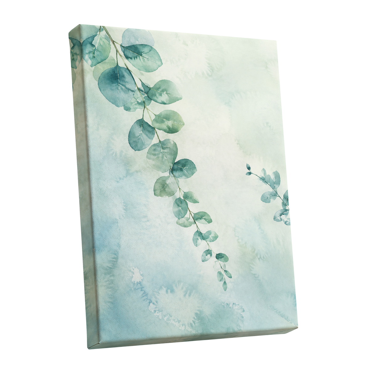 Eucalyptus Reverie, green, blue, white nature wall art shown as a stretched canvas wall art